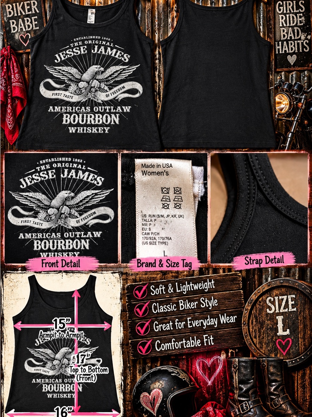 American Apparel Black Women's Tank Top with Jesse James White Bourbon Graphic
